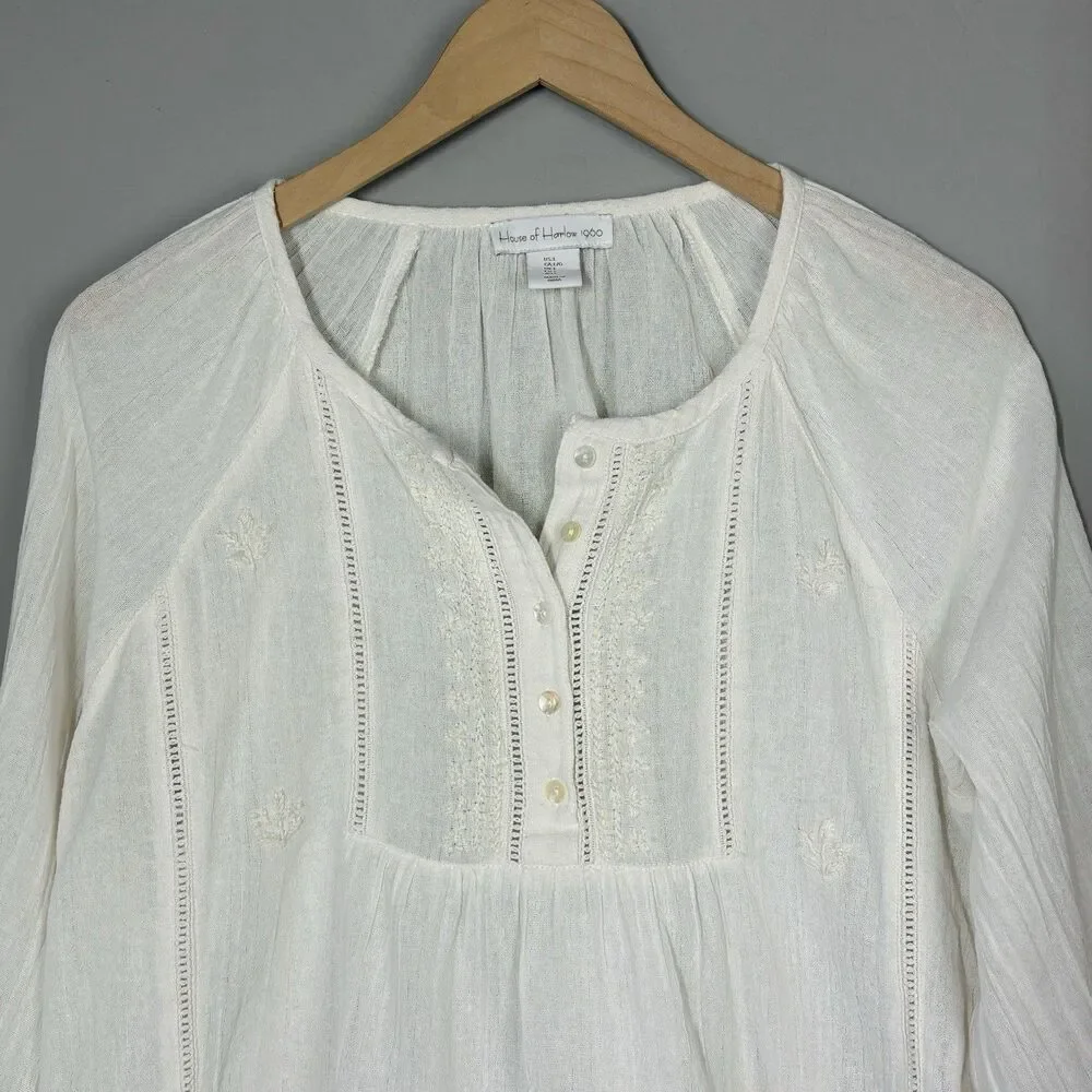 House of Harlow 1960 Boho Top Size L Ivory Embroidered Romantic Cottagecore - Picture 12 of 15